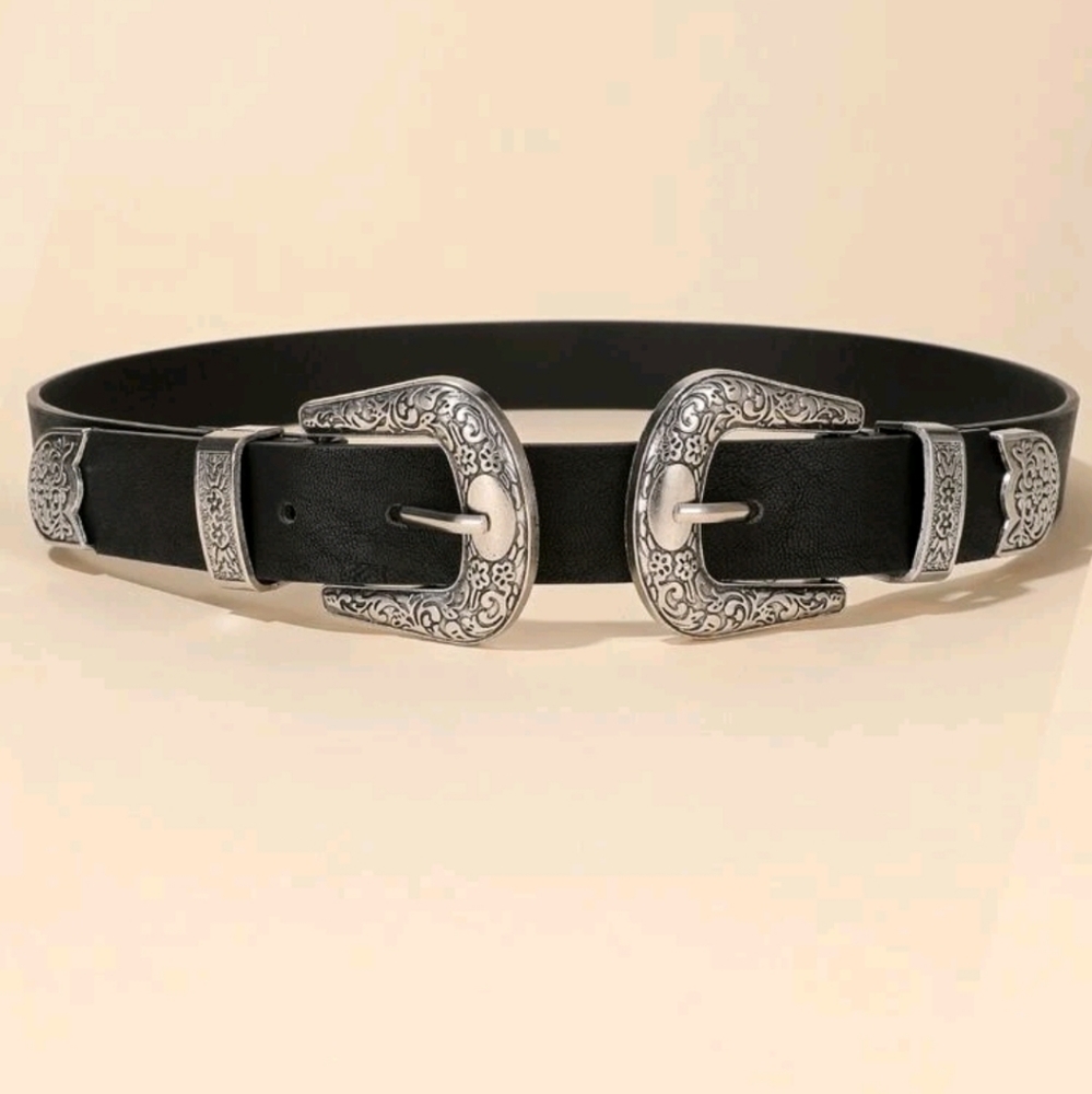 Black & Silver Western Double Buckle Belt
